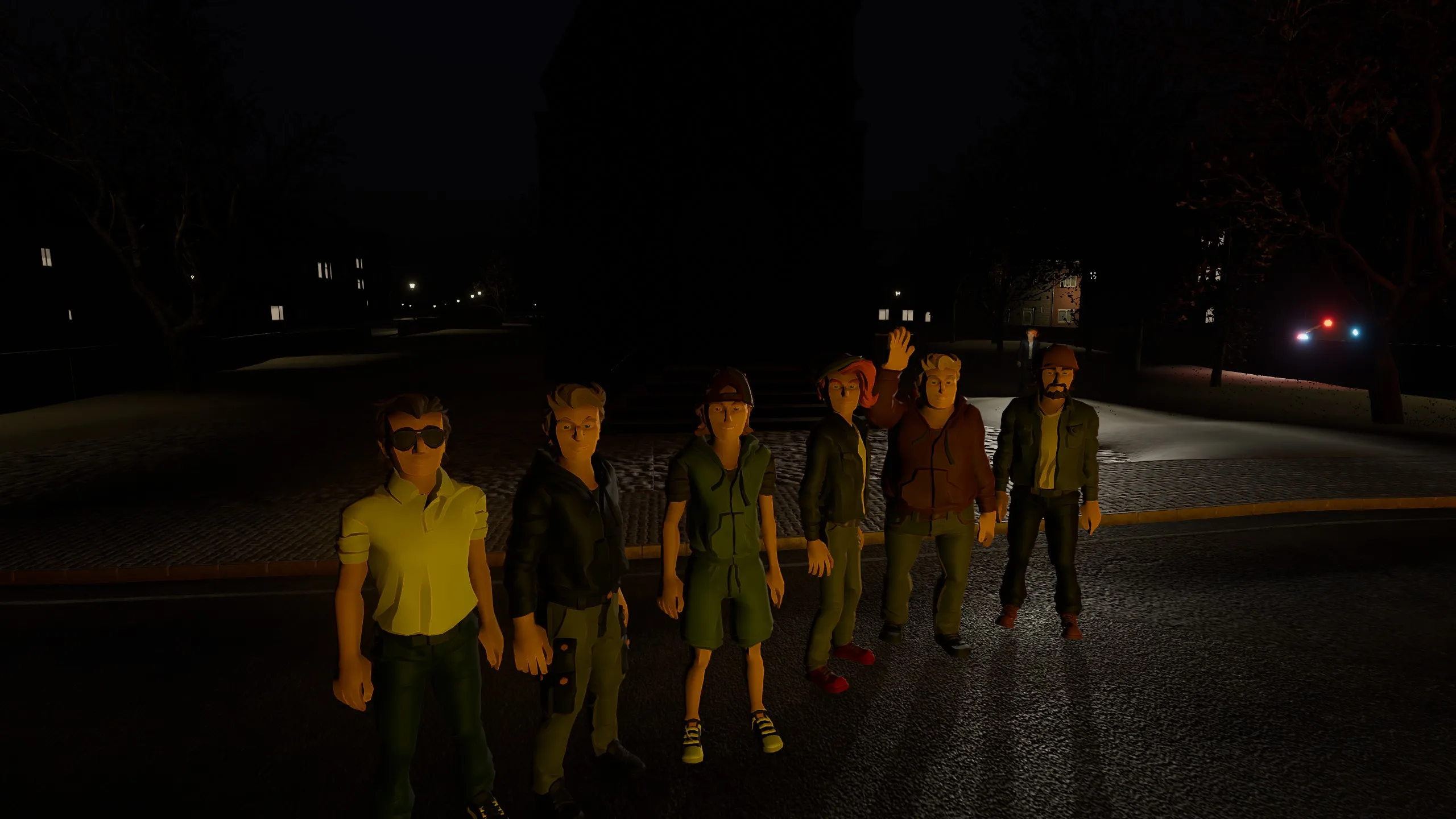 Six player characters lined up together on a street at night in online co-op, one of them waving.