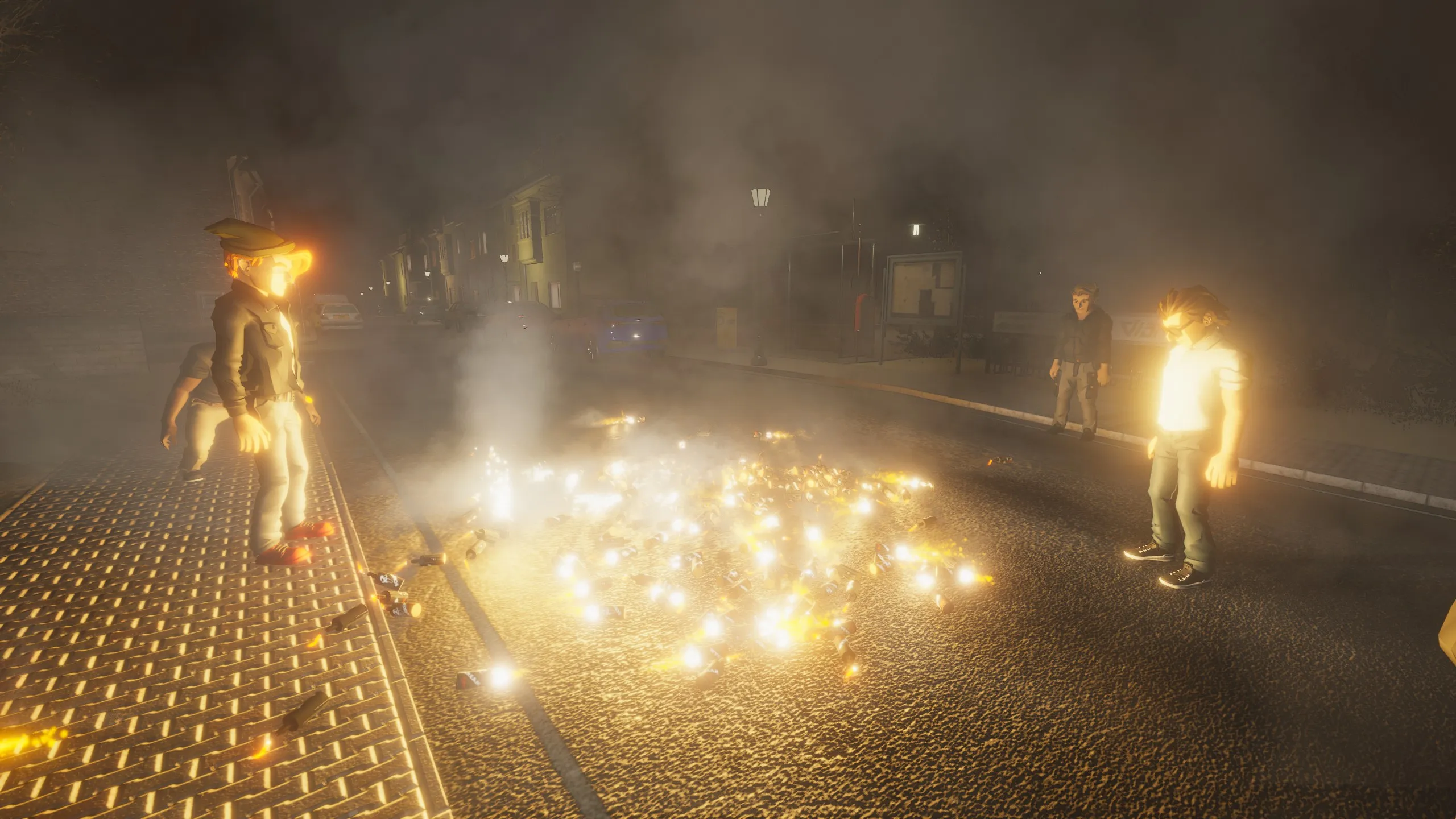 Three players standing around a wide carpet of firecrackers crackling and flashing across a cobbled street, thick smoke filling the air.