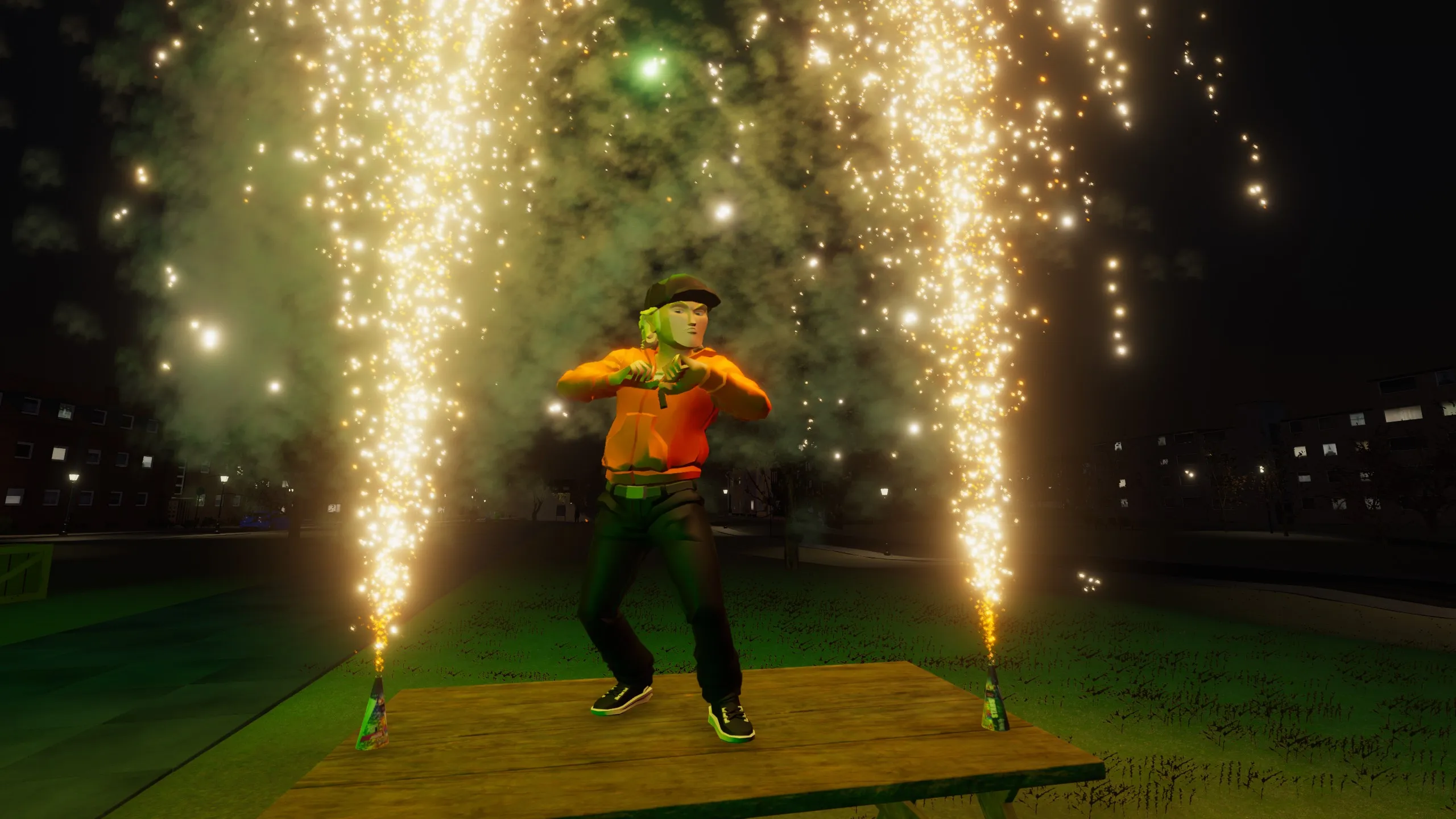 A character standing on a picnic table between two gold fountains throwing sparks high into the night sky.