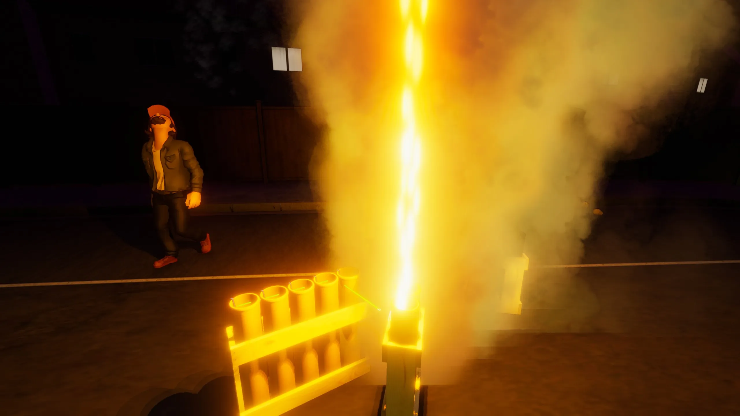 A mortar tube erupting in a tall column of gold flame beside a player, moments after ignition.