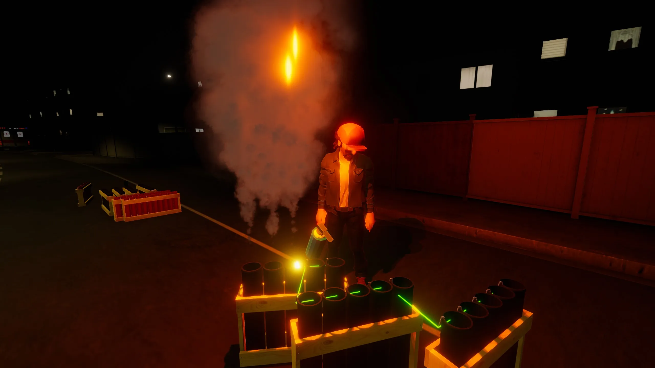 A player lighting a rack of mortar tubes with a handheld torch, with glowing green fuse lines wired between the tubes and smoke rising overhead.