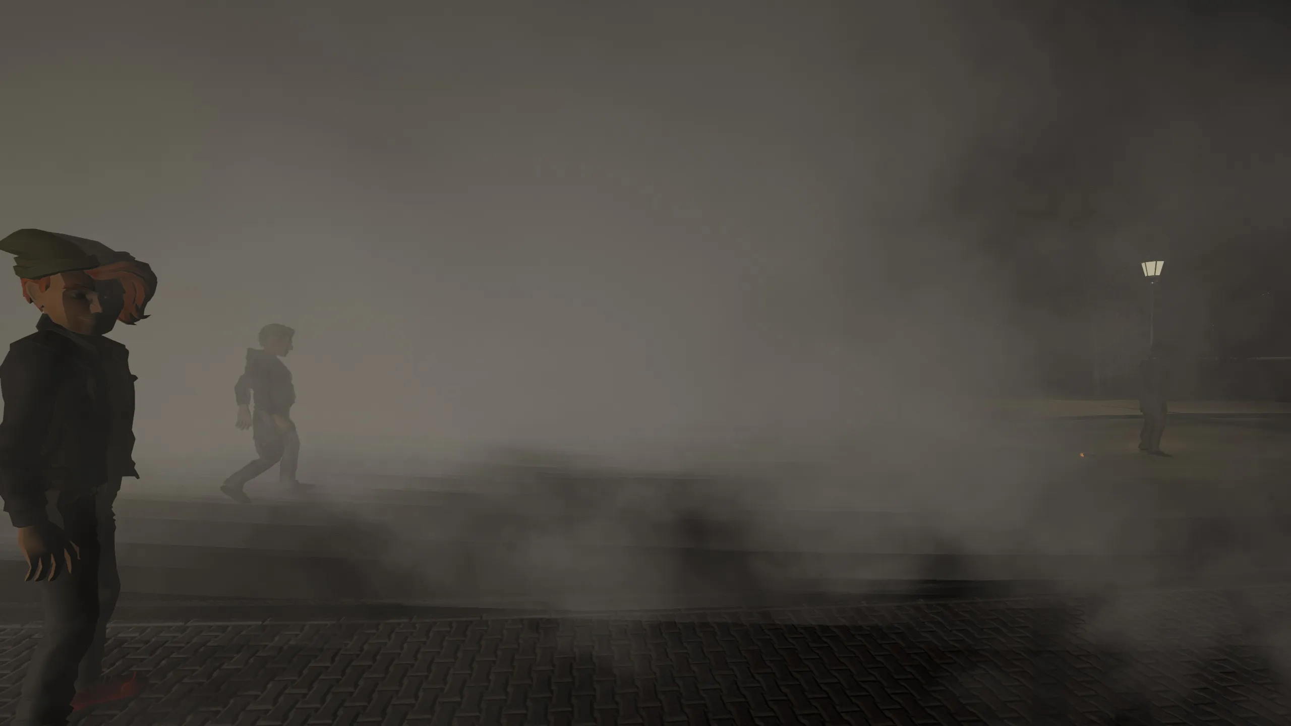 Characters silhouetted in dense smoke drifting across a street after a firework show.