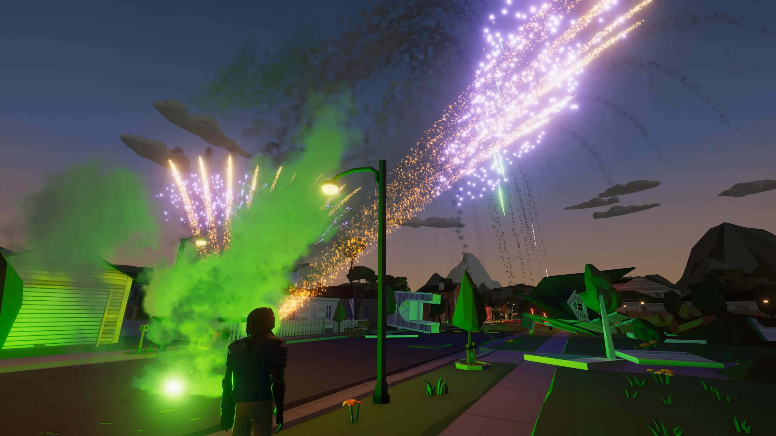 A suburban street at dusk with gold and violet comets streaking across the sky and thick green smoke drifting over the gardens, watched by a lone character.